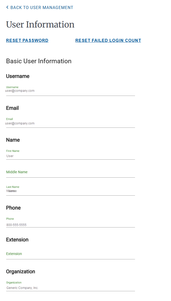 Screenshot of the Contract Holder User Information page. Use the page to manage a single user's settings.