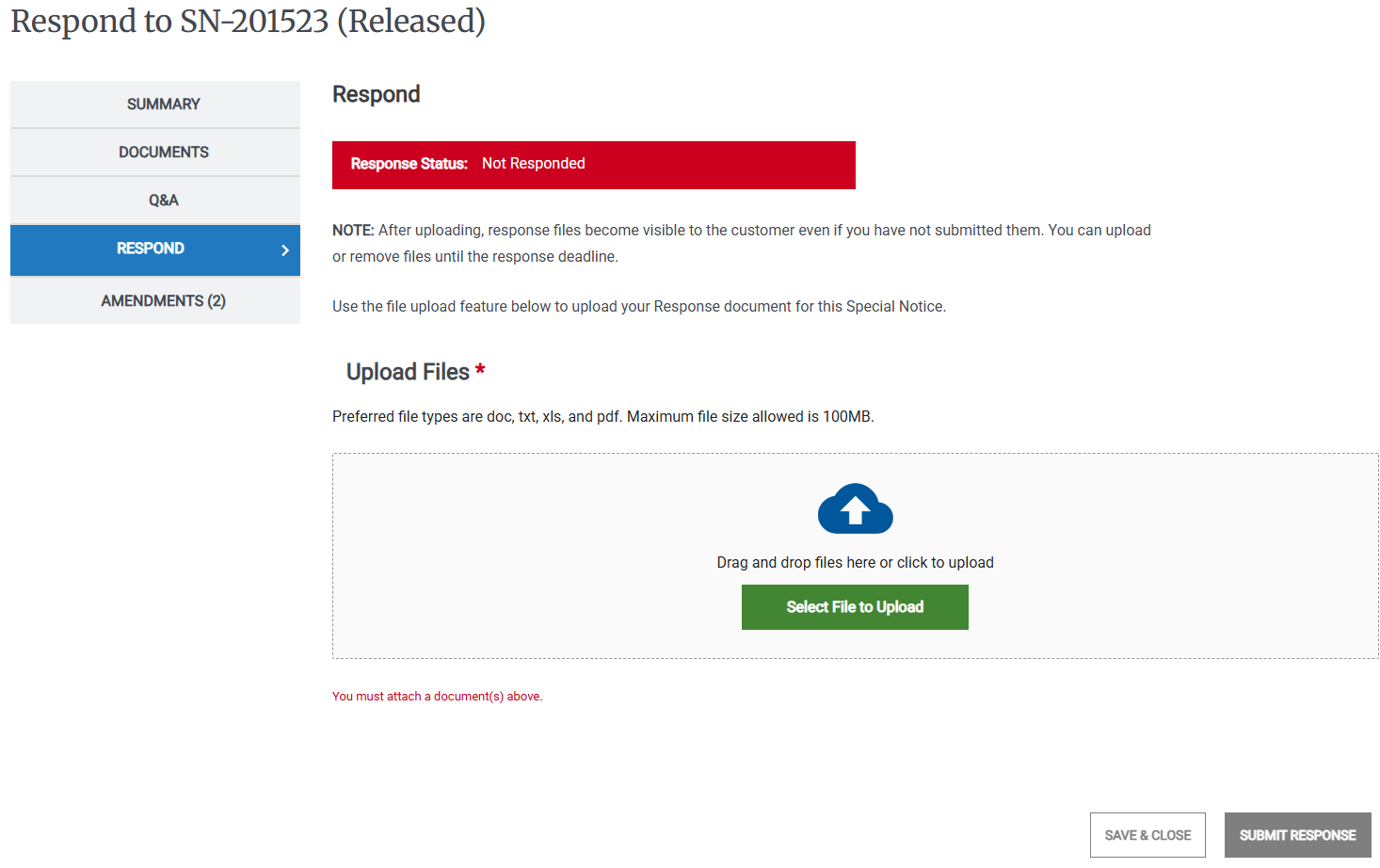Screenshot of the Upload page when creating a response for a CIO-CS Activity, other than an RFQ. Use this page to upload any files for your response.