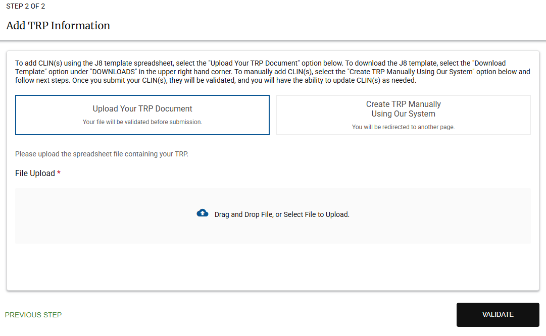 Screenshot of page 2 of 2 of the Enter TRP Information page.