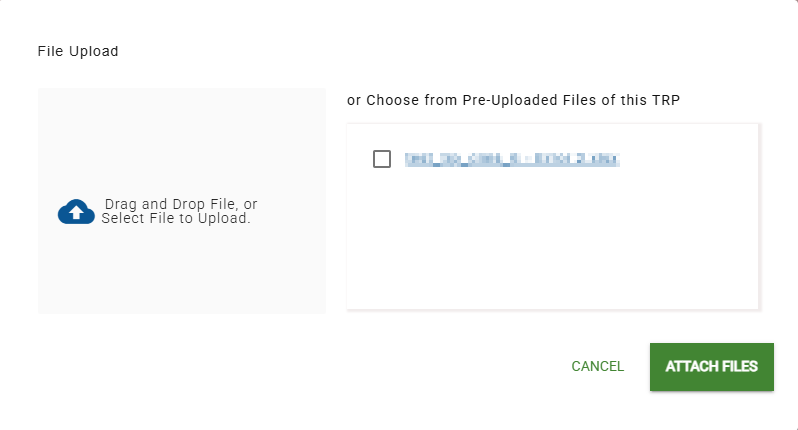 Screenshot of the File Upload Pop-Up to attach files to a CLIN or a TRP.