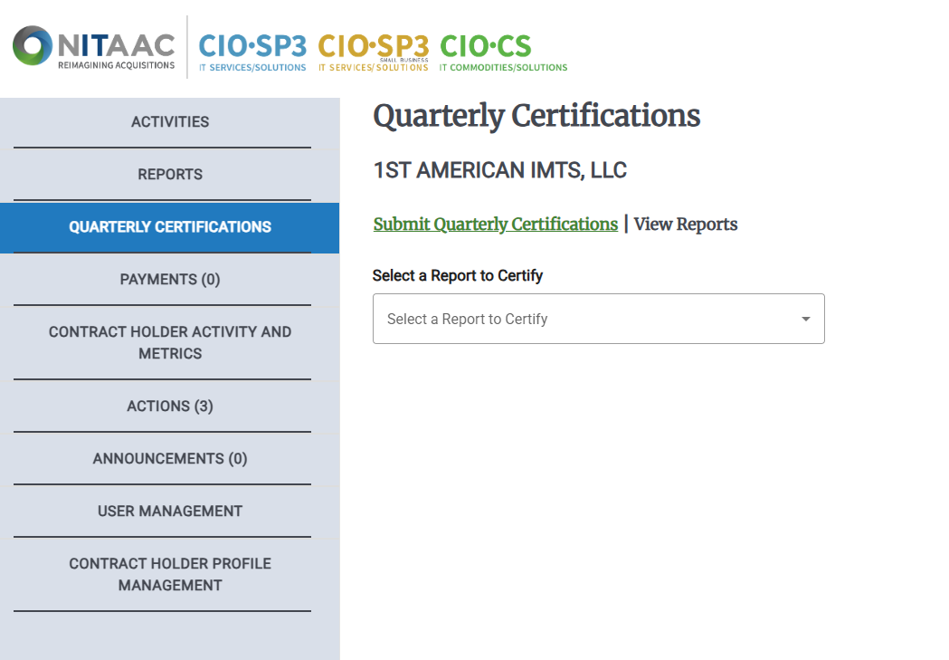 Screenshot of the Quarterly Certifications page for Contract Holders. Select the report that you want to certify from the drop-down list.