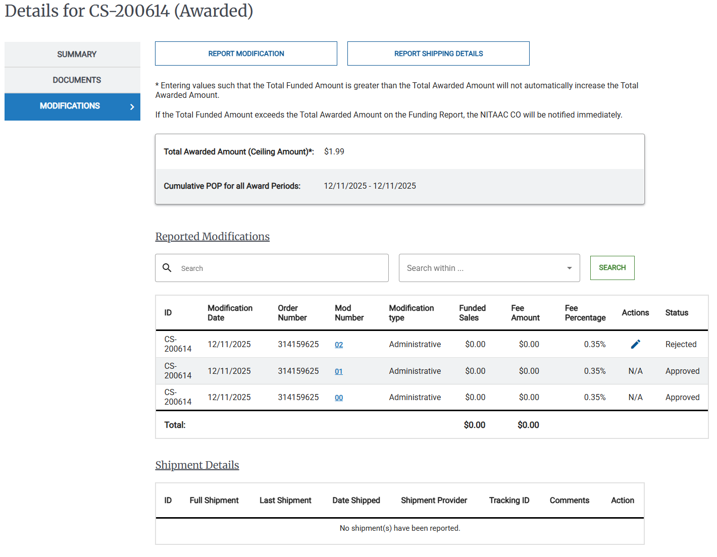 Screenshot of the Report Modification Page for Contract Holders.