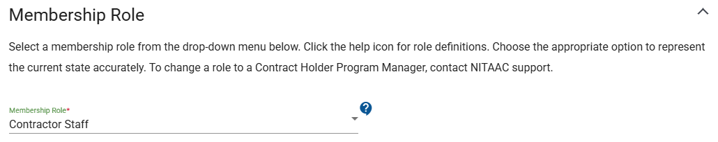Screenshot of the Membership Role section of the Contract Holder User Information page.