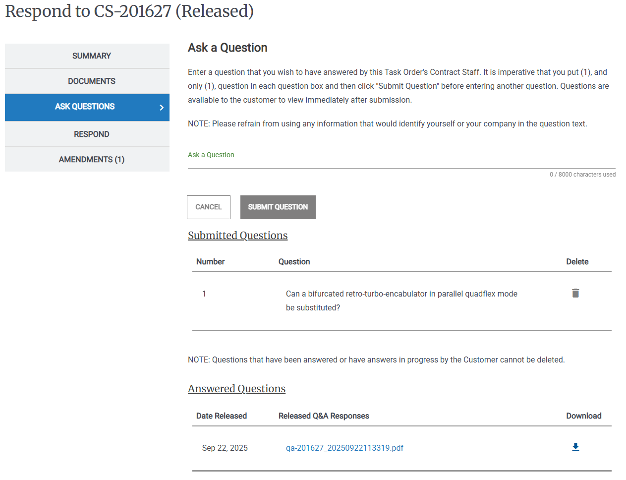 Ask A Question Screenshot of the Ask a Question page in the Activity Details.