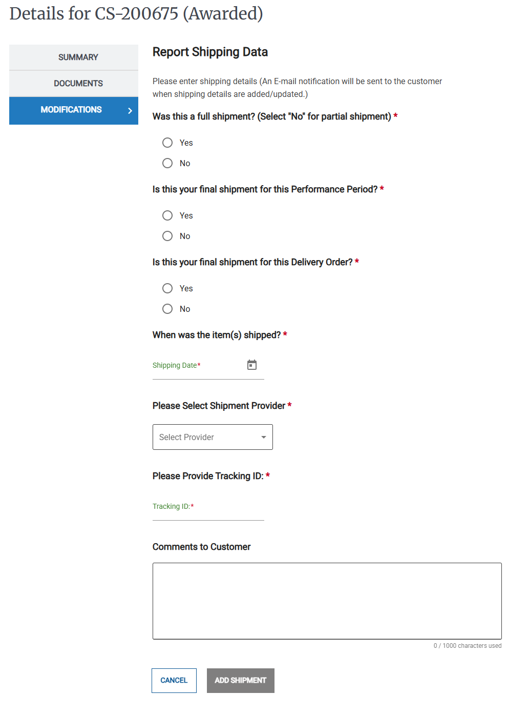 Screenshot of the Report Shipping Date Page.