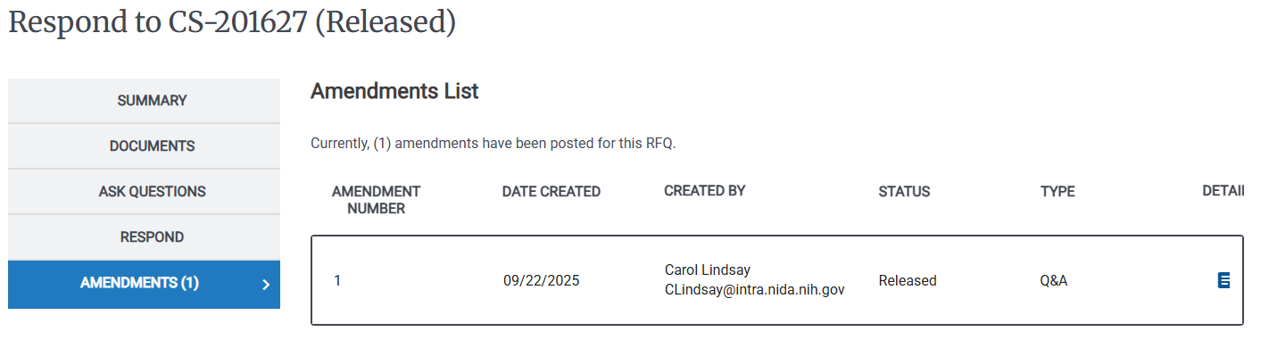 Screenshot of the Amendments list visible to Contract Holders.