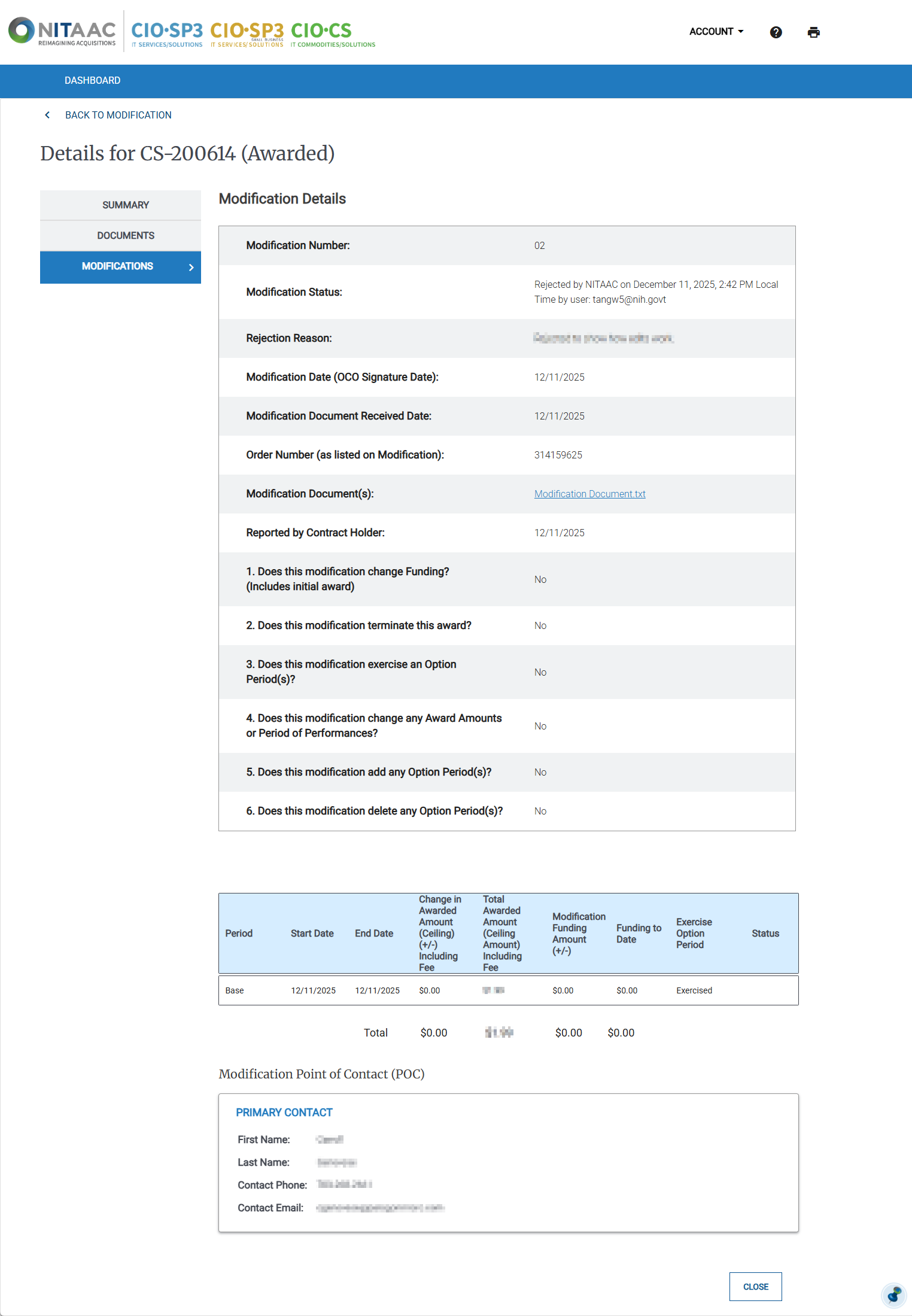 Screenshot of the Modification Details page as seen by a Contract Holder.