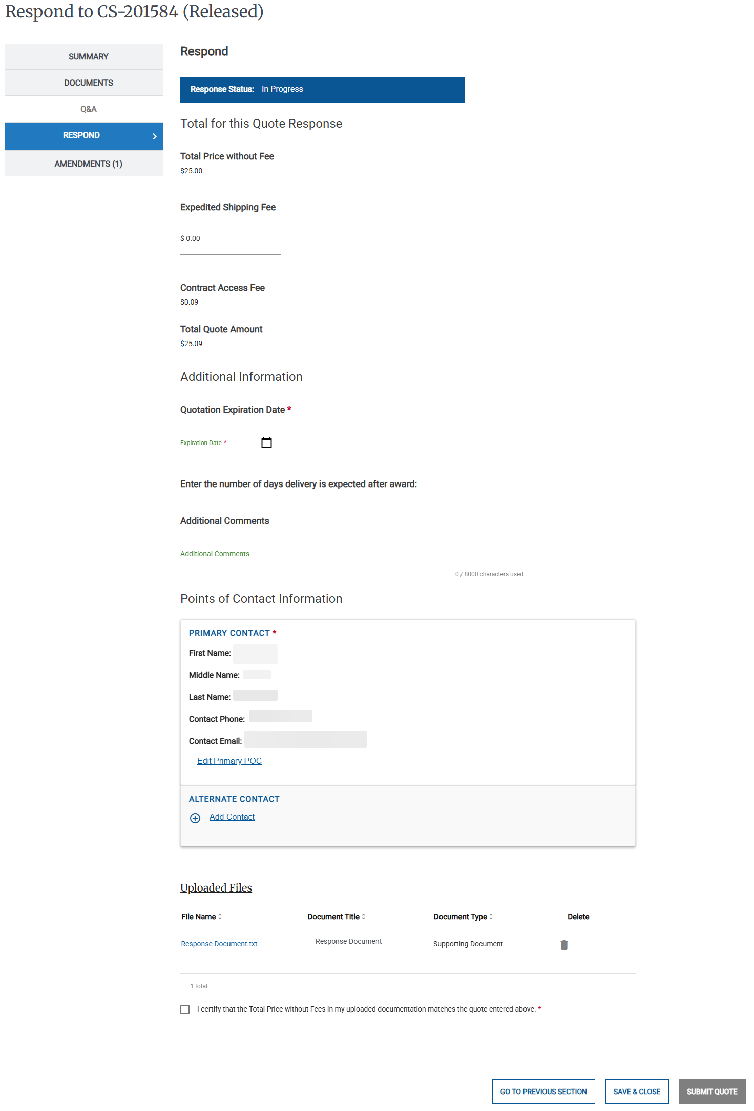 Screenshot of the Response Summary page that appears when building a response quote for an RFQ.