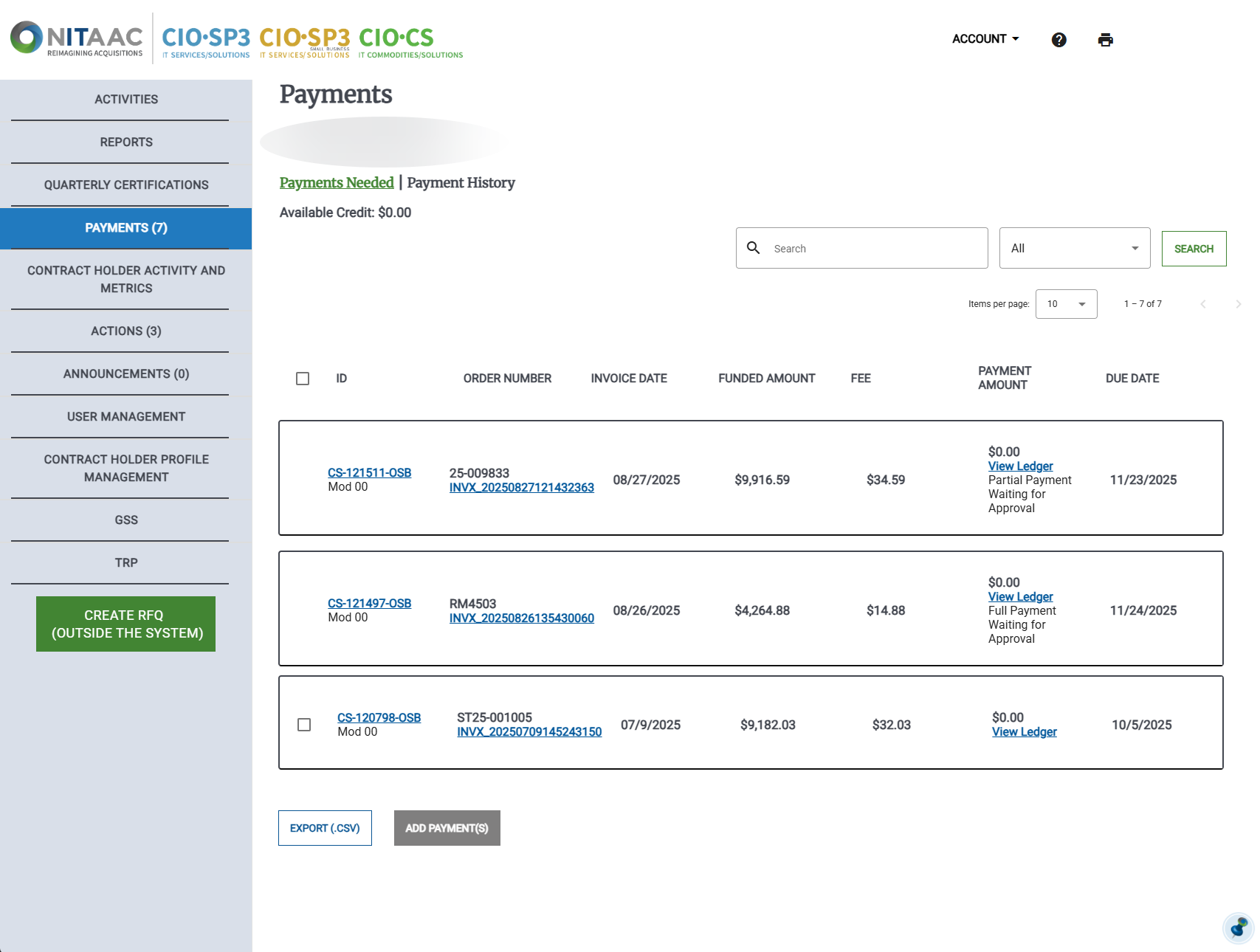 Screenshot of the Payments Dashboard content pane. Select any Activity to add a full or partial payment.