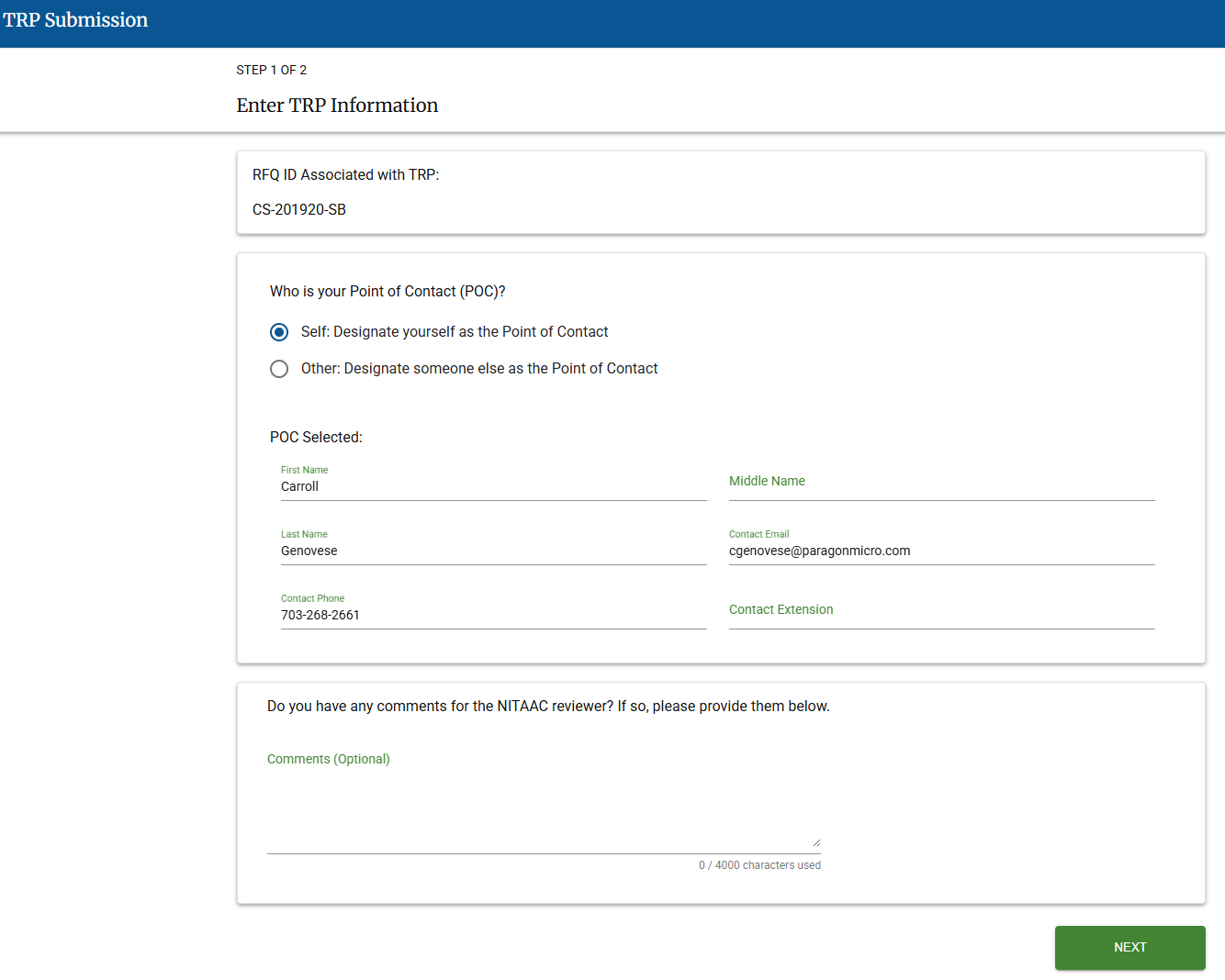 Screenshot of the Enter TRP Information page when creating a new Outside System RFQ.