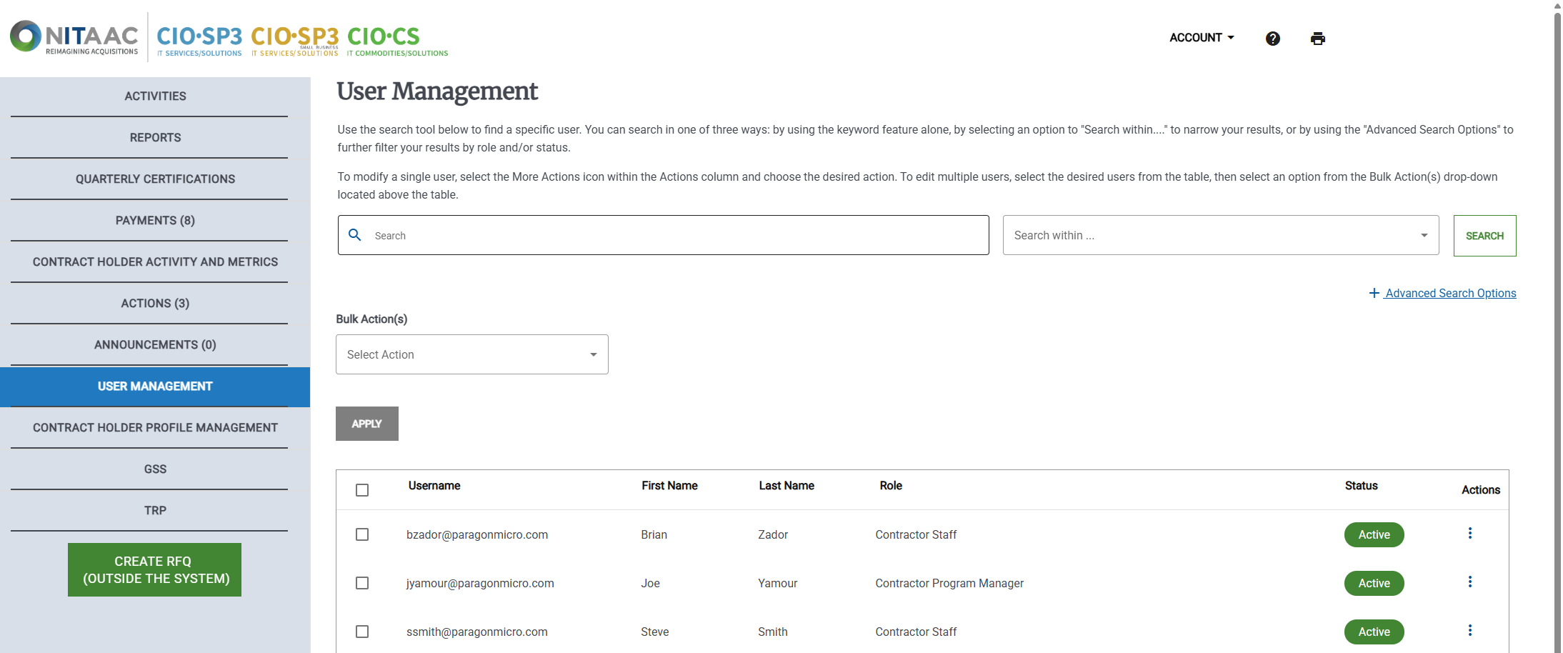 Screenshot of the Contract Holder User Management page. You can make changes to one or more of the users in your organization.