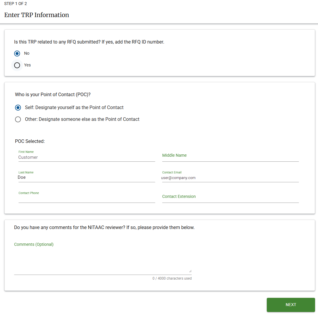 Screenshot of page 1 of 2 of the Enter TRP Information Page.