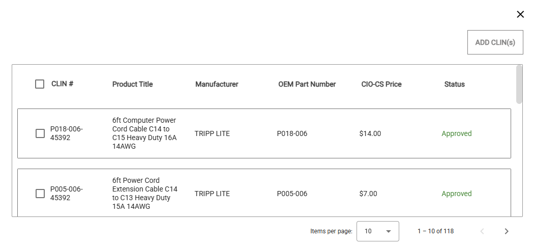Screenshot of the results when you search for an existing CLIN. Select one or more CLINs, then click Add CLIN(s) to add it to the Activity.