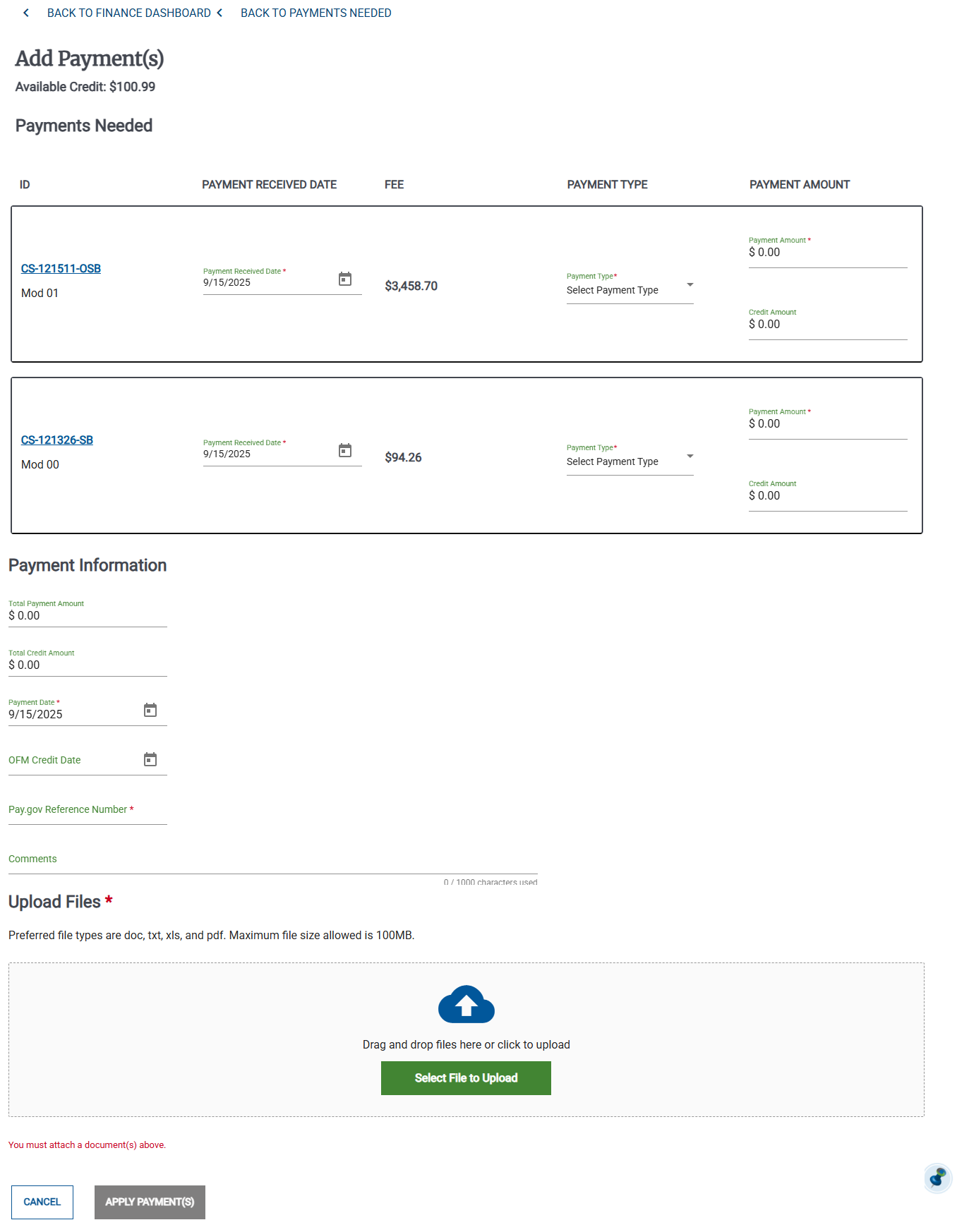 Screenshot of the Add Payments page for Contract Holders.