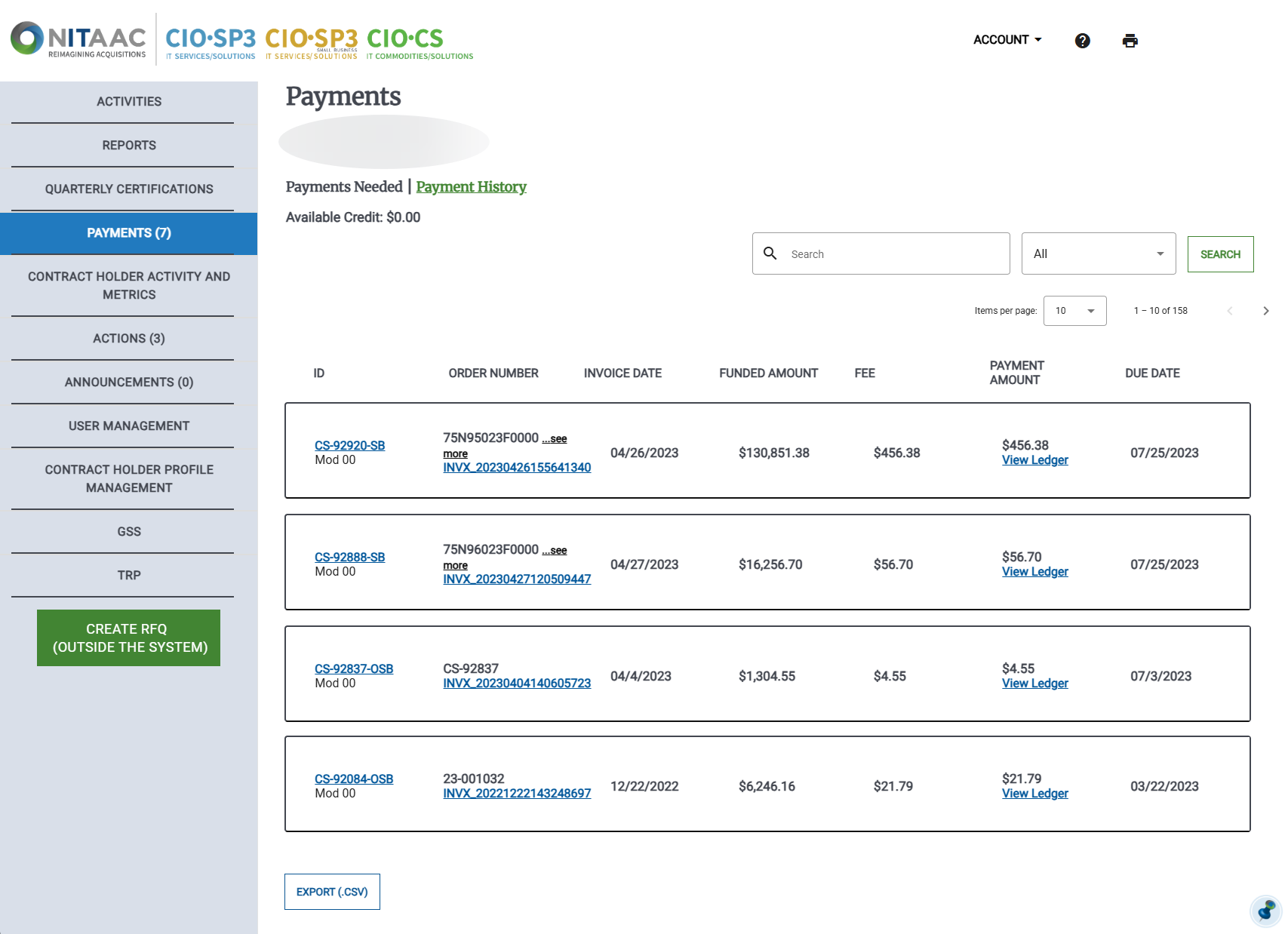 Payments Dashboard Page-Payment History Screenshot of the Payment History in the Payments dashboard for Contract Holders.