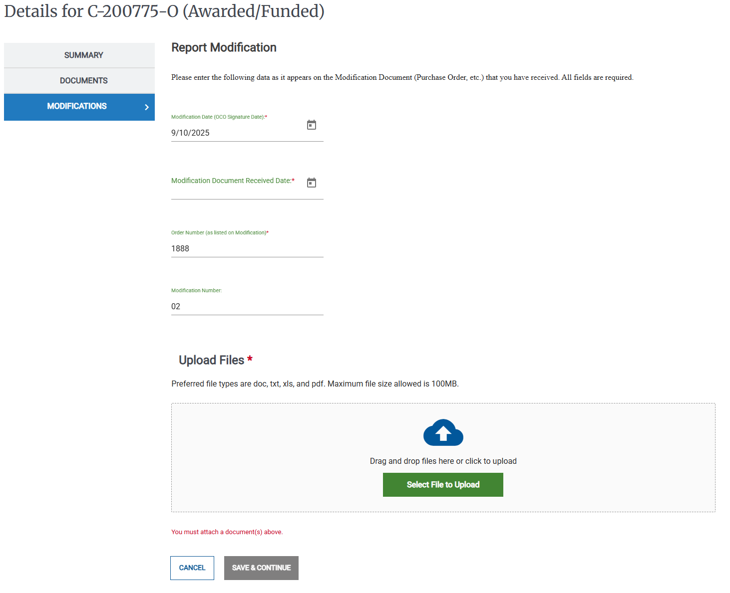 Screenshot of the Report Modification page.