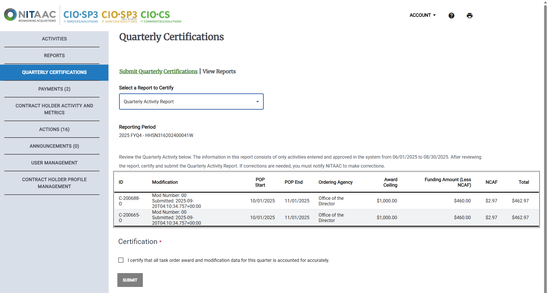 Screenshot of the Contract Holder Quarterly Certification page.