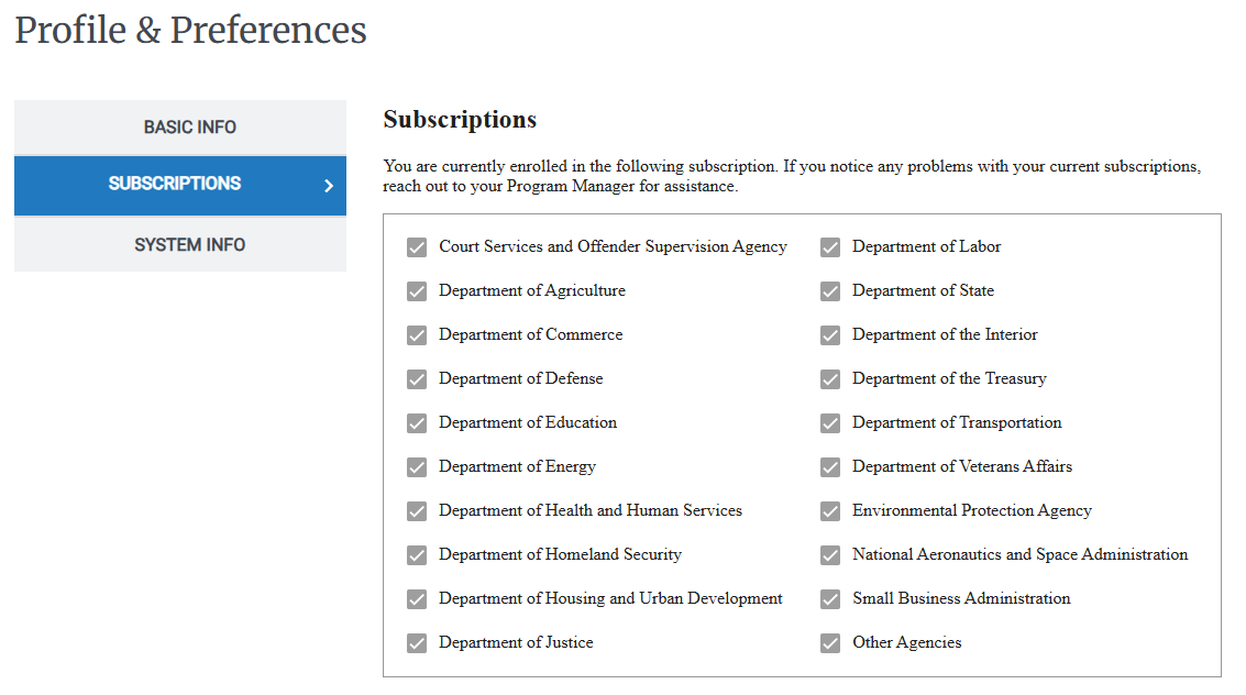 Screenshot of the Subscriptions page in the Profile and Preferences.