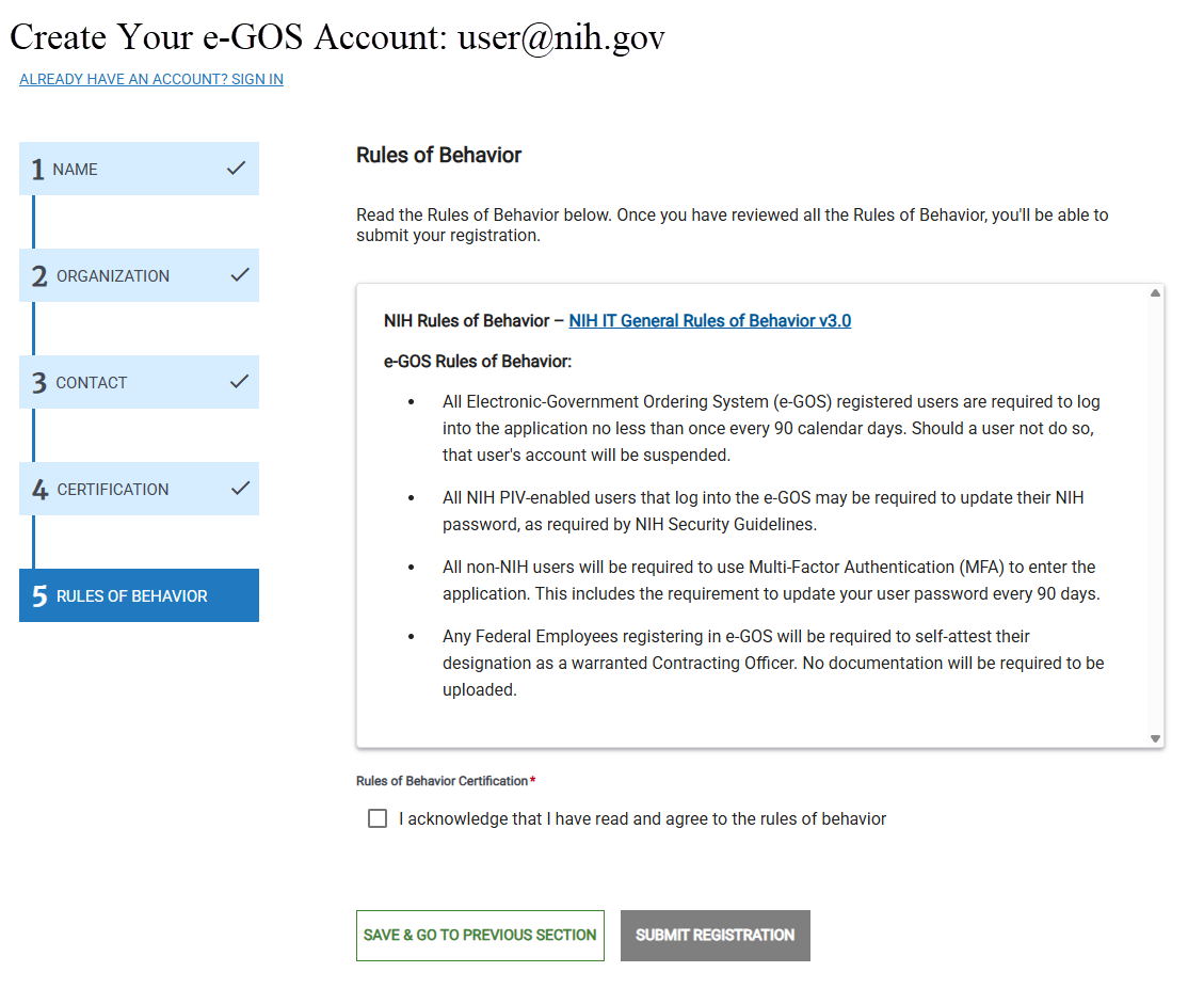 Screenshot of the Rules of Behavior page in e‑GOS Registration for NIH users.