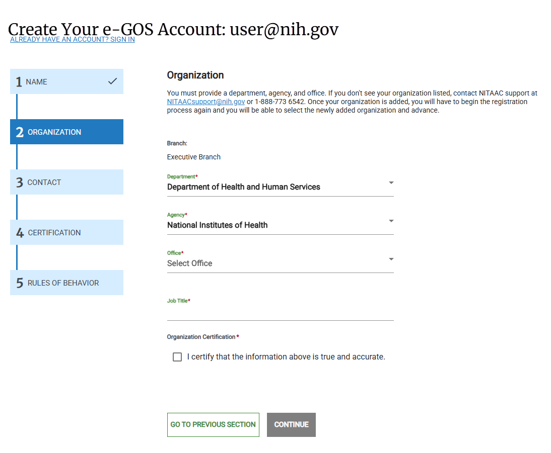 Screenshot of the Organization page of e-GOS Registration for NIH users.
