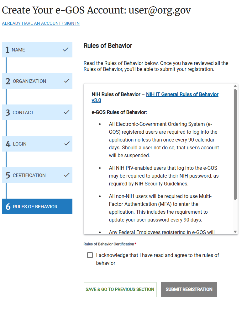 Screenshot of the Non-NIH Behavior page in e‑GOS Registration.