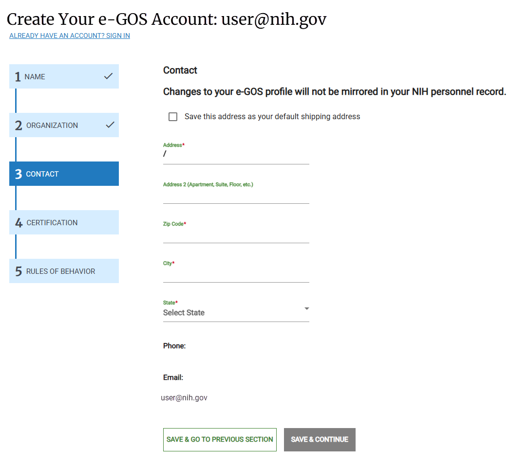 Screenshot of the Contact Information page of e‑GOS registration for NIH users.