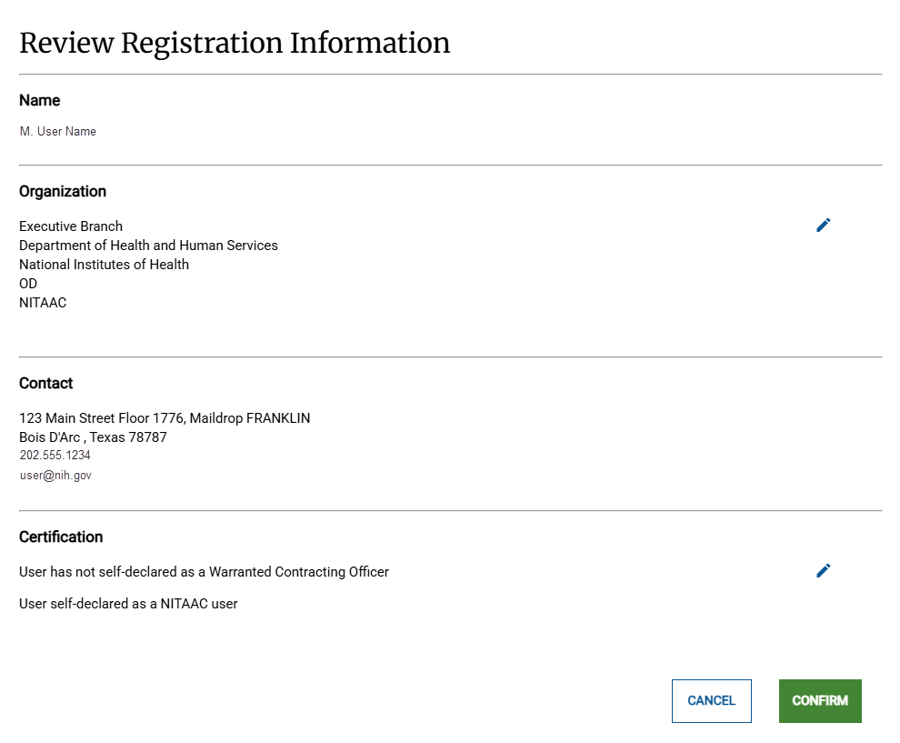 Screenshot of the Review Registration Information page in e‑GOS Registration for NIH users.