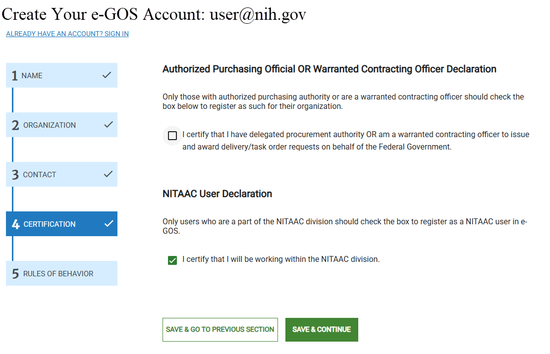 Screenshot of the Certification page of e‑GOS Registration for NIH users.