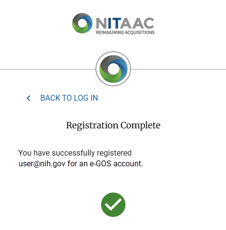 Screenshot of the Registration Complete pop-up for e‑GOS Registration for NIH users.