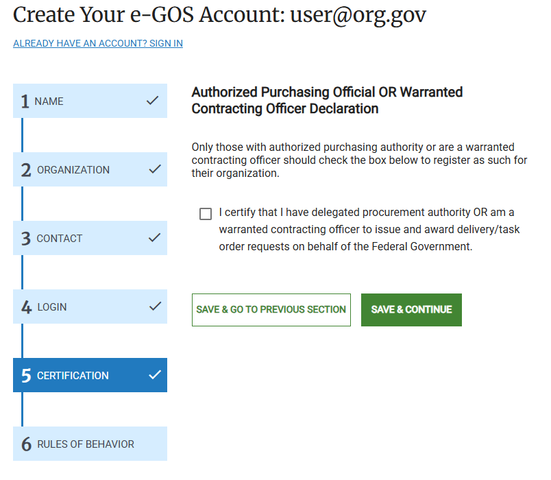 Screenshot of the Non-NIH Certification page for Federal users in e‑GOS Registration. This page only appears if you are not an NIH user but you are a Federal Government user of e‑GOS.