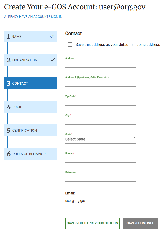 Screenshot of the Contact Info page for Non-NIH users in e‑GOS Registration.