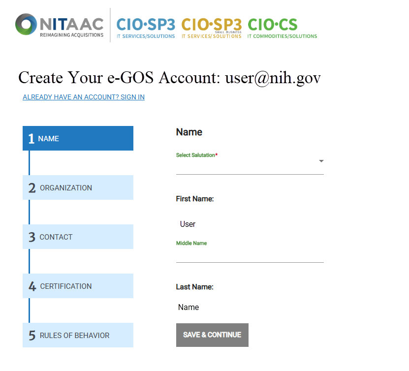 Screenshot of the Create Account Name page of Registration for NIH users.