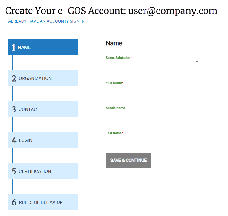Screenshot of the Name page in e‑GOS Registration for non-NIH users.