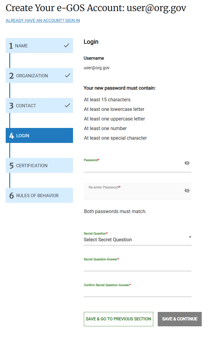 Screenshot of the Login Info page for non-NIH users in e‑GOS Registration.