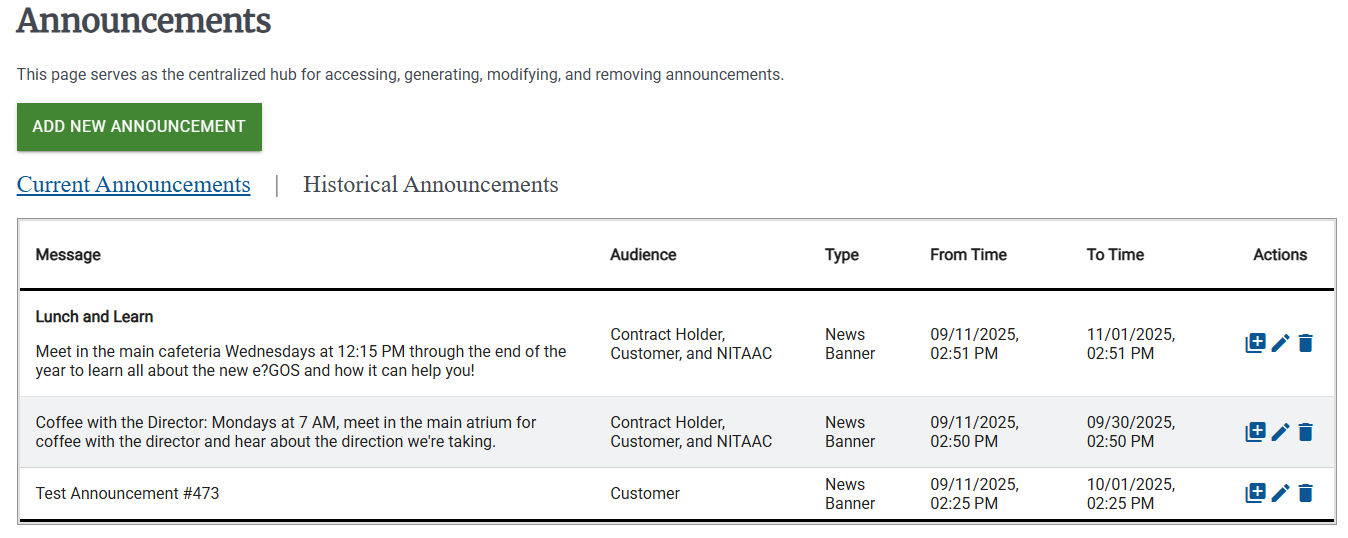 Screenshot of the Current Announcements page in the Announcements dashboard.