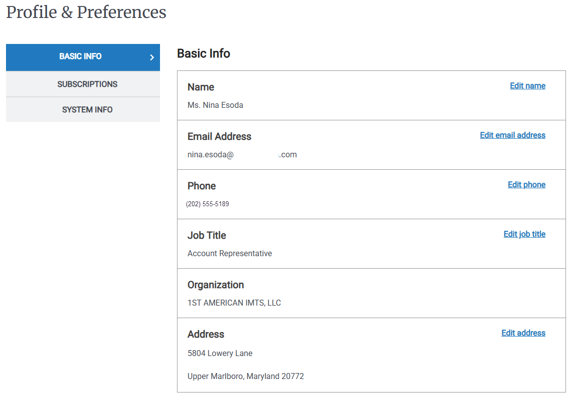Screenshot of the Basic Info tab of the Profile and Preferences. You can make changes to your contact information in e‑GOS in this page.