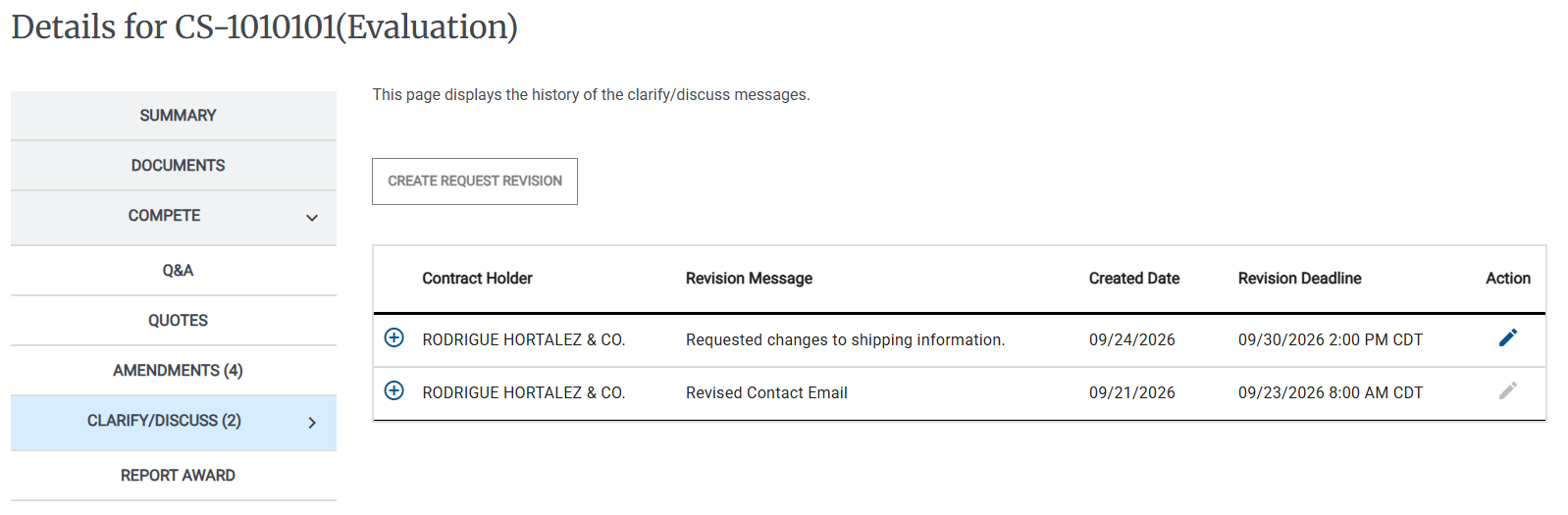 Screenshot of the Clarify/Discuss Page with an Editable Revision Request (Pencil Icon)