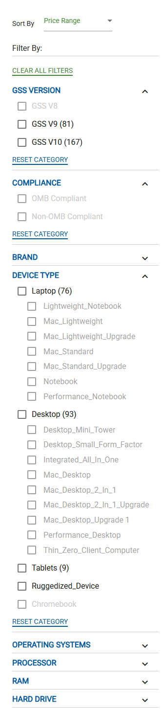 GSS-Filters.png Screenshot of the filters available in the GSS Catalog. Select any filter to include items matching that condition. The screenshot is text on a white background.