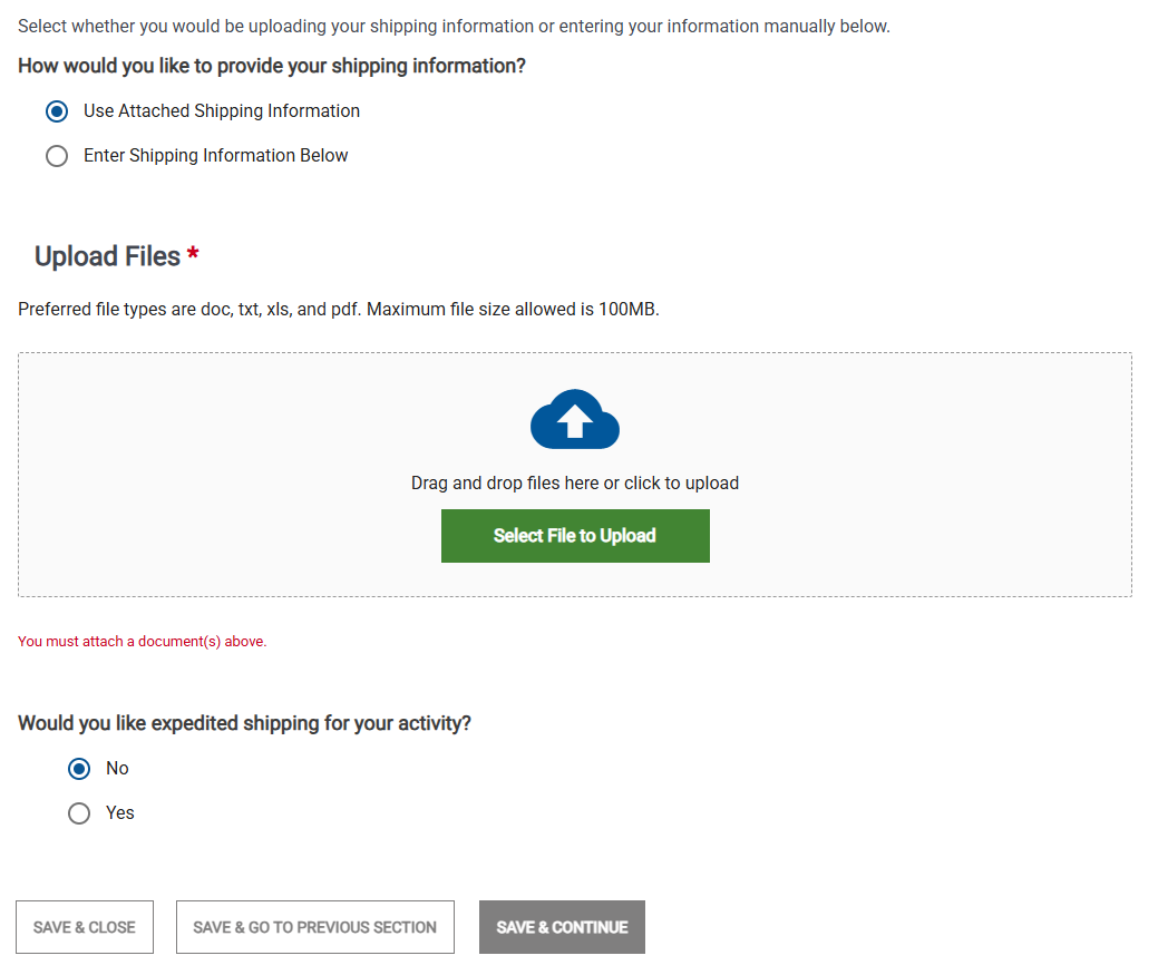 Screenshot of the Shipping Information Page when creating a new Activity.