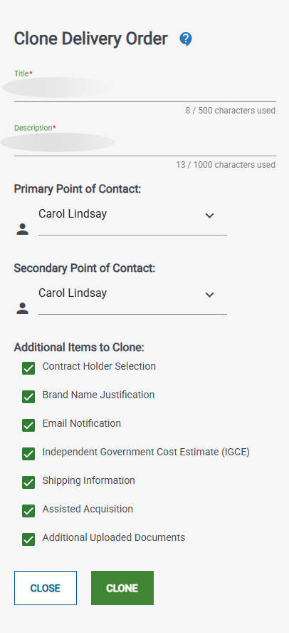 Screenshot of the Clone pane. When you clone an Activity, you can choose the settings to clone tot he new Activity.