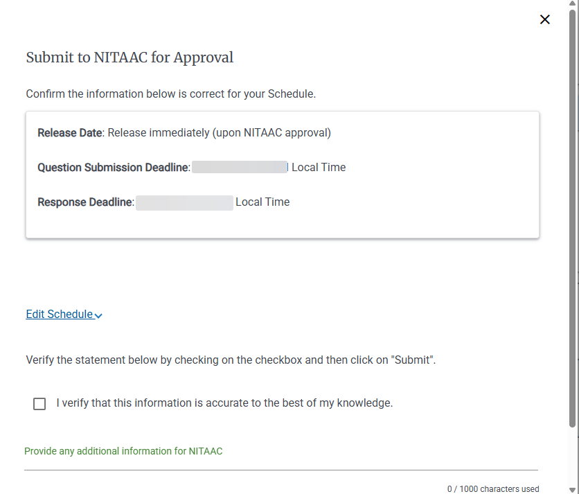 Submit to NITAAC for Approval Pop-up Screenshot of the Submit to NITAAC for Approval Pop-up