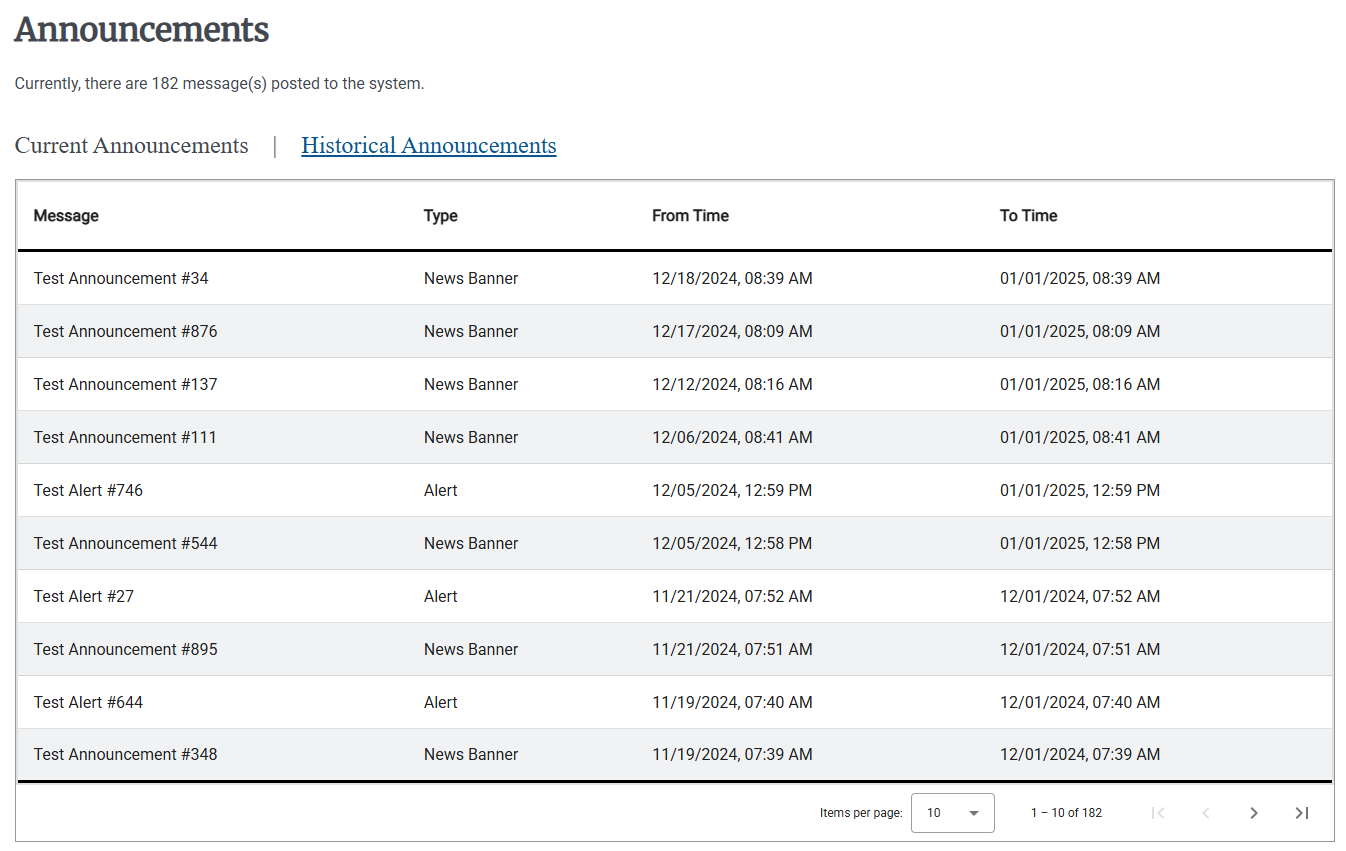 Screenshot of Historical Announcements in the Announcements tab. The table lists all of the announcements ever published in e‑GOS.