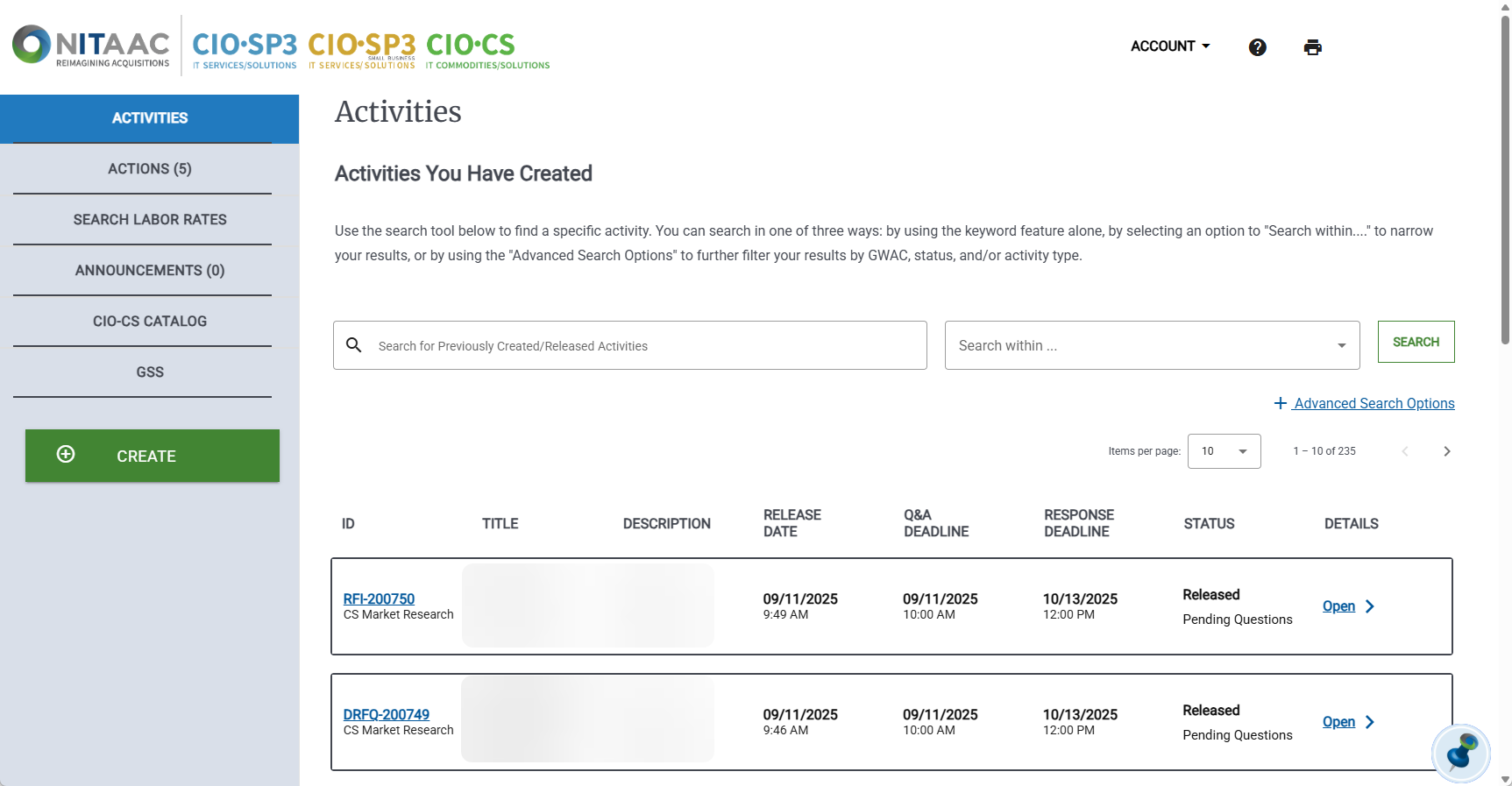 A screenshot of the Activities Dashboard at login for a Federal Customer.
