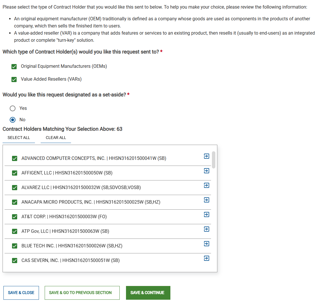 Screenshot of the Contractor Selection page when you create an Activity in the CIO-CS GWAC.