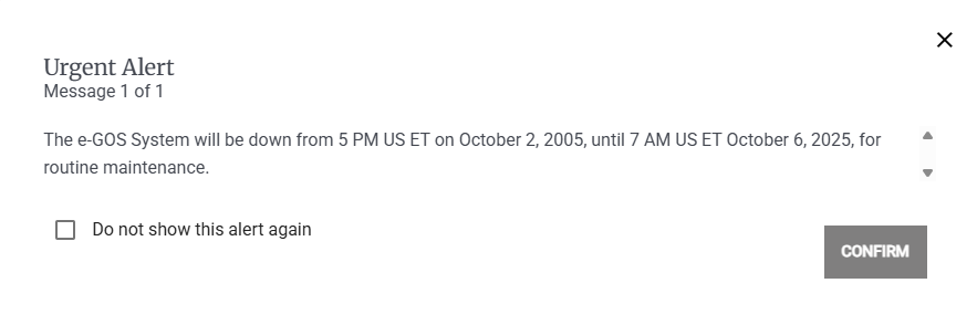 Screenshot of the Pop Up that appears for Urgent Announcements.