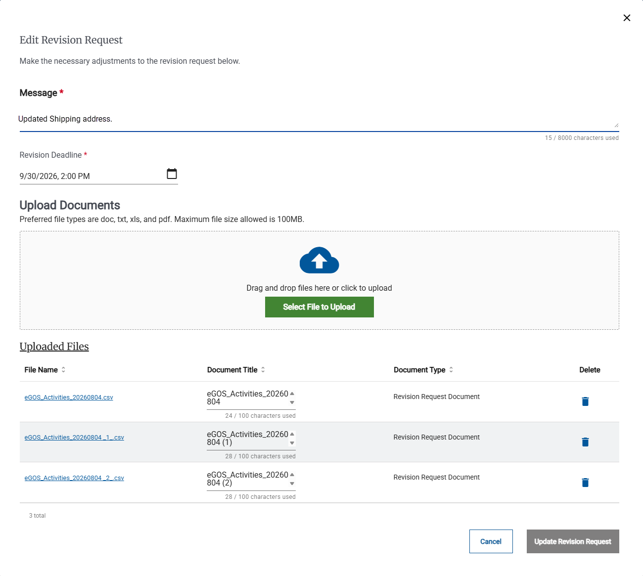 Screenshot of the Edit Revision Request Page in the Clarify/Discuss pages.