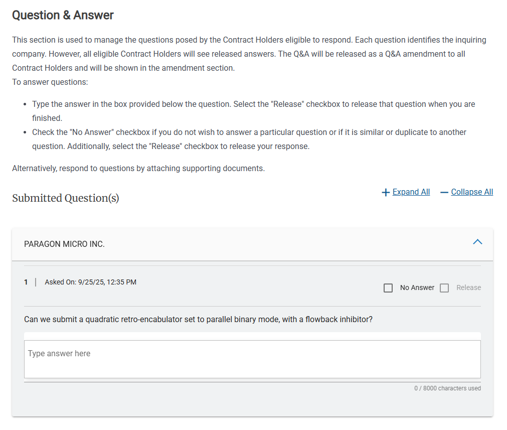 Screenshot of the Question and Ander Submitted Questions page.