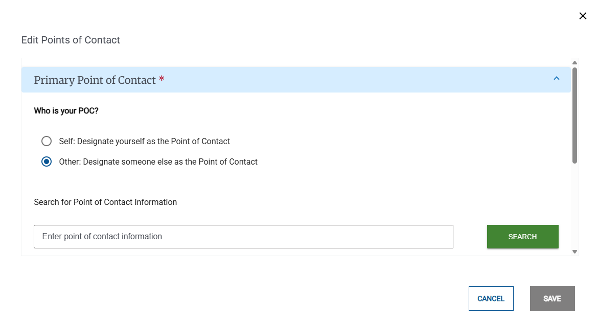 Screenshot of the Edit Points of Contact pop-up.