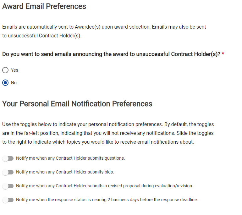 Email Notification Page Screenshot of the Award Email Preferences page when creating an Activity.