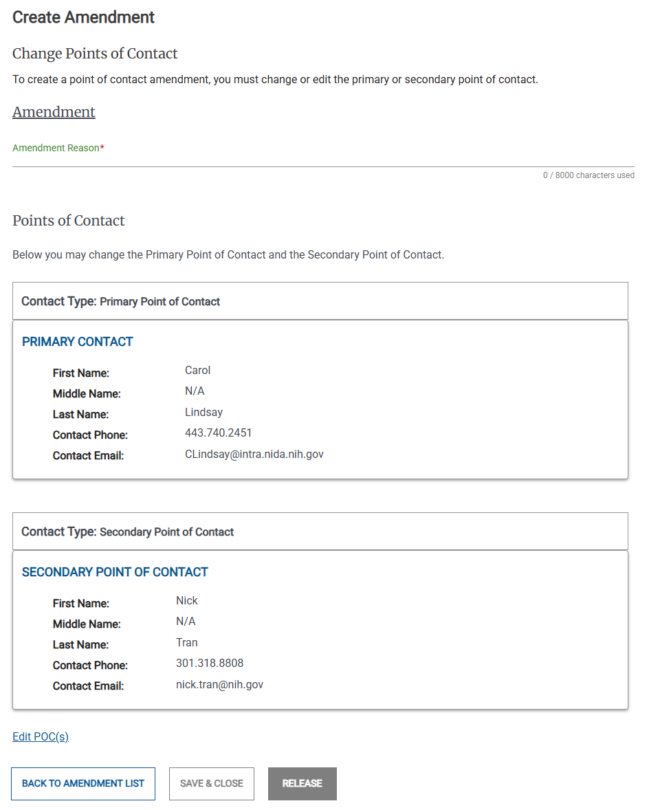 Screenshot of creating a Change Points of Contact Amendment.